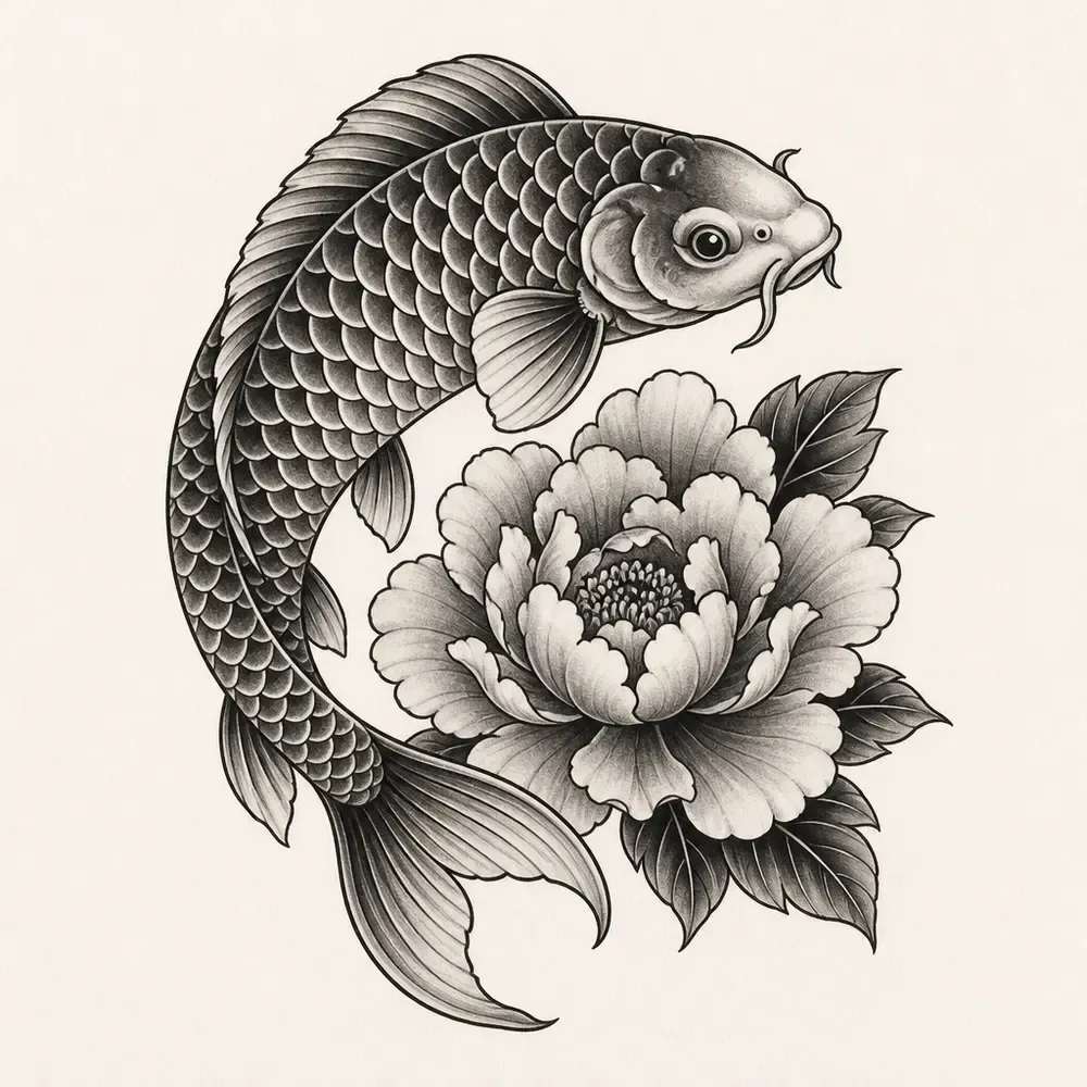 A black and grey koi arching head up over one large open peony framed by dark pointed leaves, bold outline and heavy scale shading.