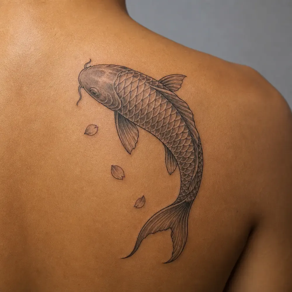 A fine black and grey koi curving across the shoulder blade beside three falling petals, on warm brown skin.