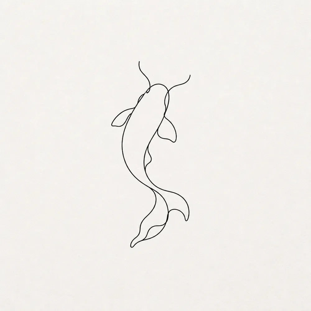 A koi seen from above drawn in a few thin continuous black lines, with two barbels, two side fins and a split tail.