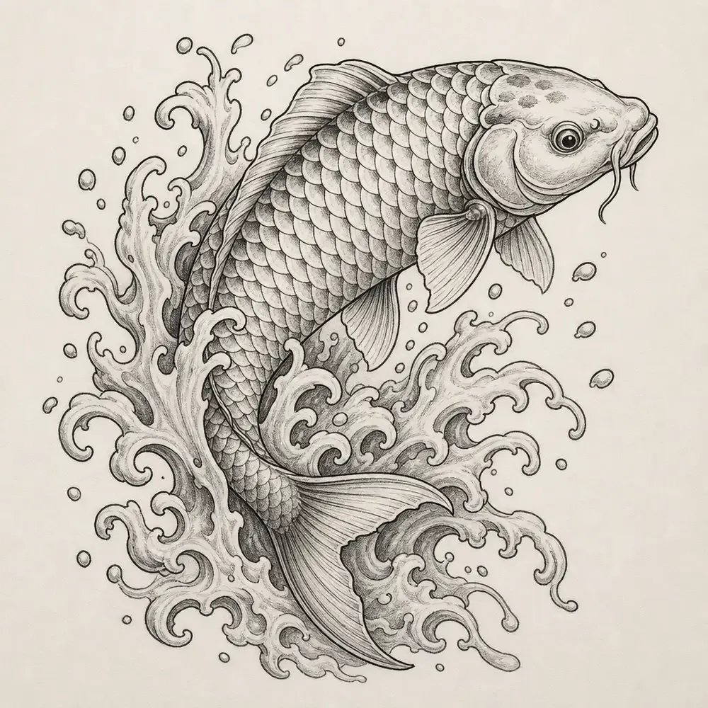A koi twisting out of a splash of curling water crests and scattered droplets, shaded in fine black and grey line.