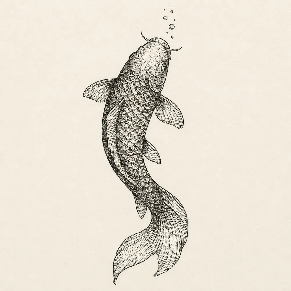 A koi rising toward a short trail of bubbles, its scales and fins shaded entirely in fine black stipple dots.
