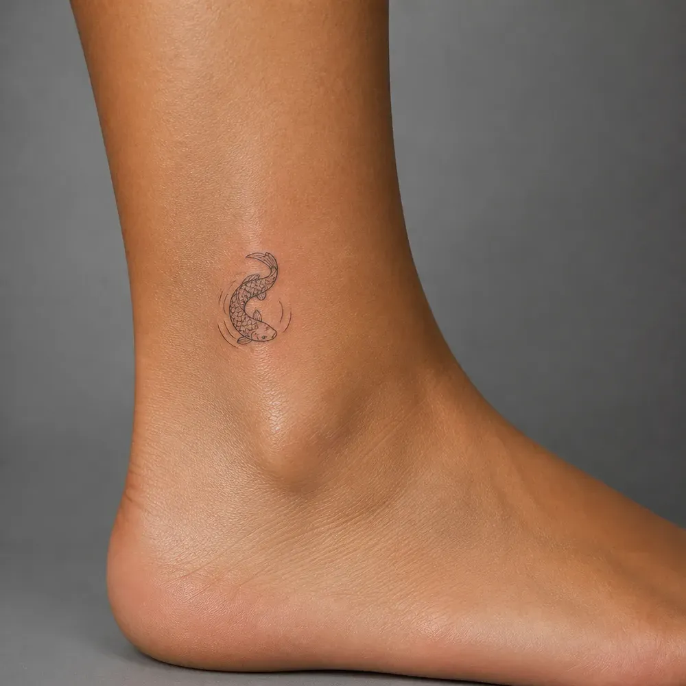 A small fine-line koi curled inside a few ripple lines just above the ankle bone on medium brown skin.