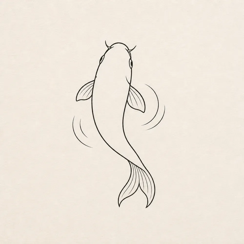 A small koi seen from above in fine black outline, with two barbels, two side fins, a split tail and short ripple arcs either side.