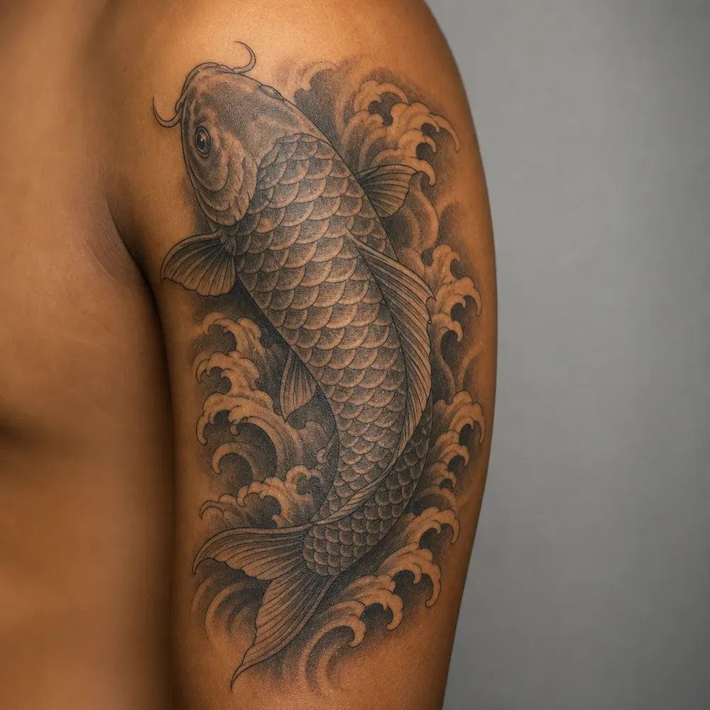 A black and grey koi swimming head up through curling waves, tattooed across the outer upper arm on warm brown skin.