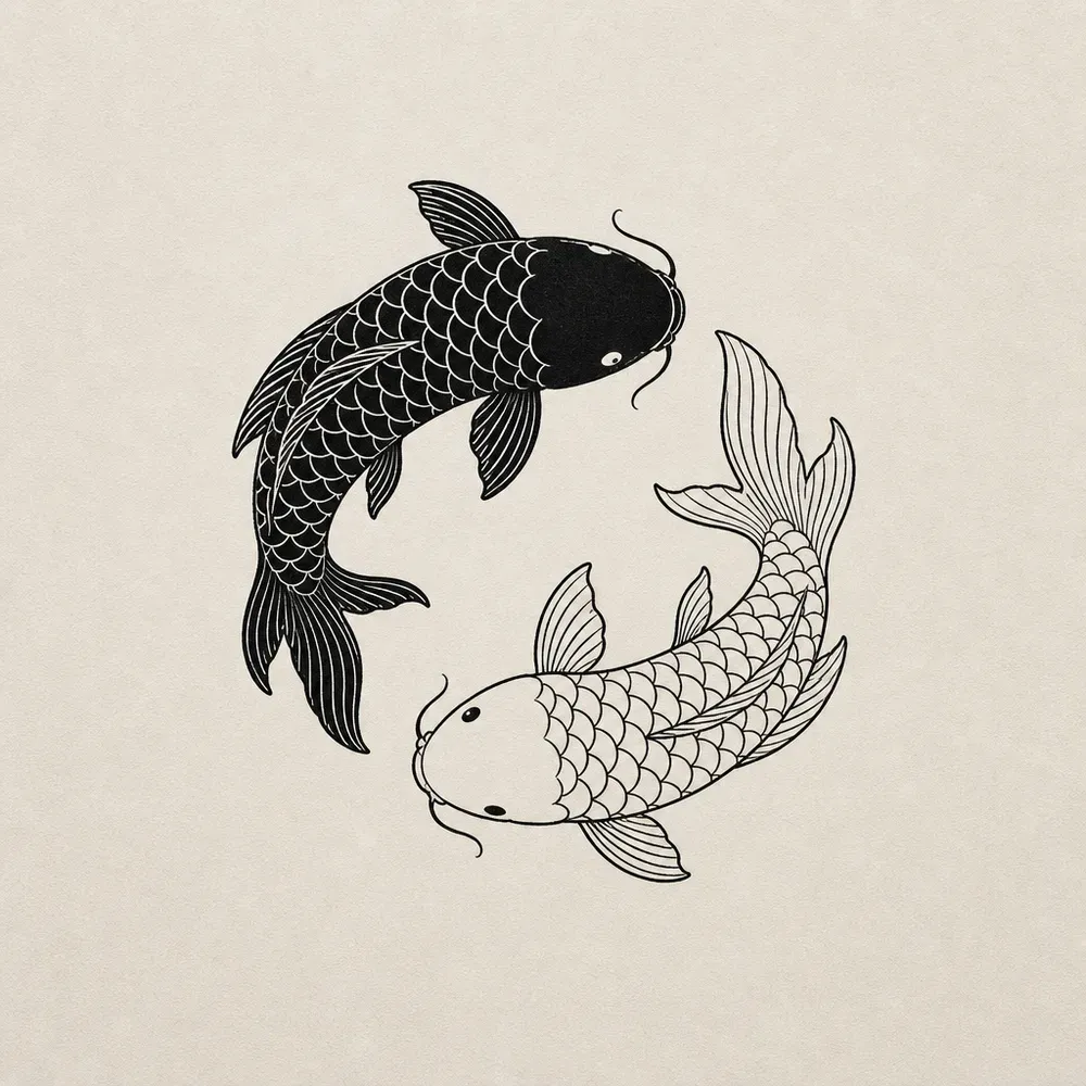 Two koi circling head to tail, one solid black with pale scale lines and one white with black outlined scales.
