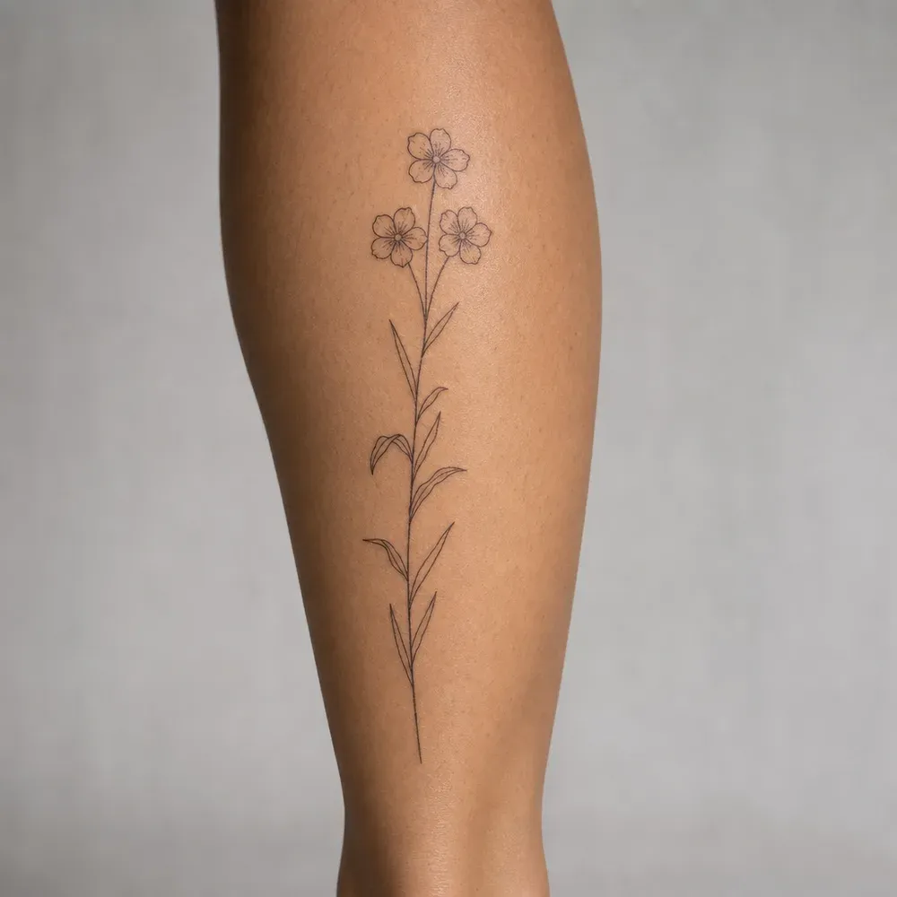 A long fine-line wildflower stem with three small flowers at the top, tattooed down the back of the calf on light tan skin.