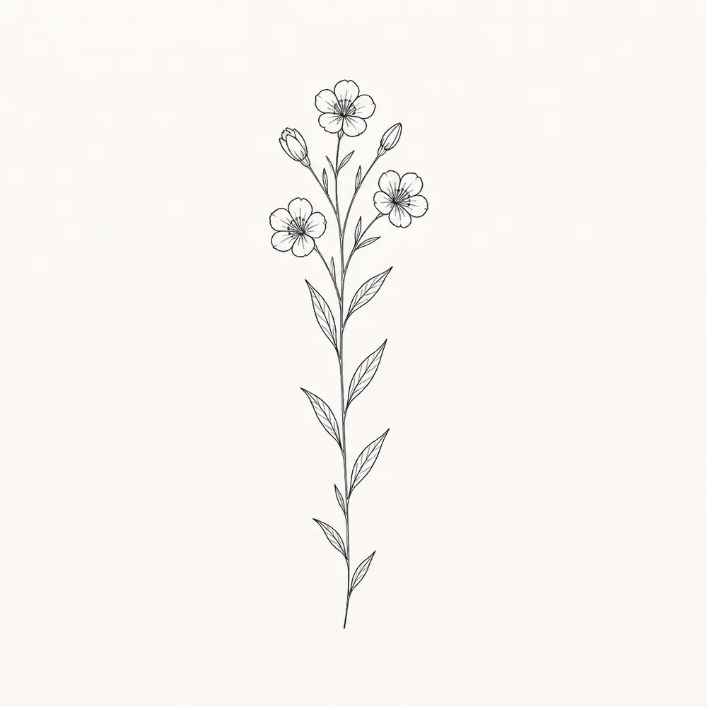 A long slender wildflower stem in fine black line, narrow leaves along it and three five-petalled flowers with two buds at the top.