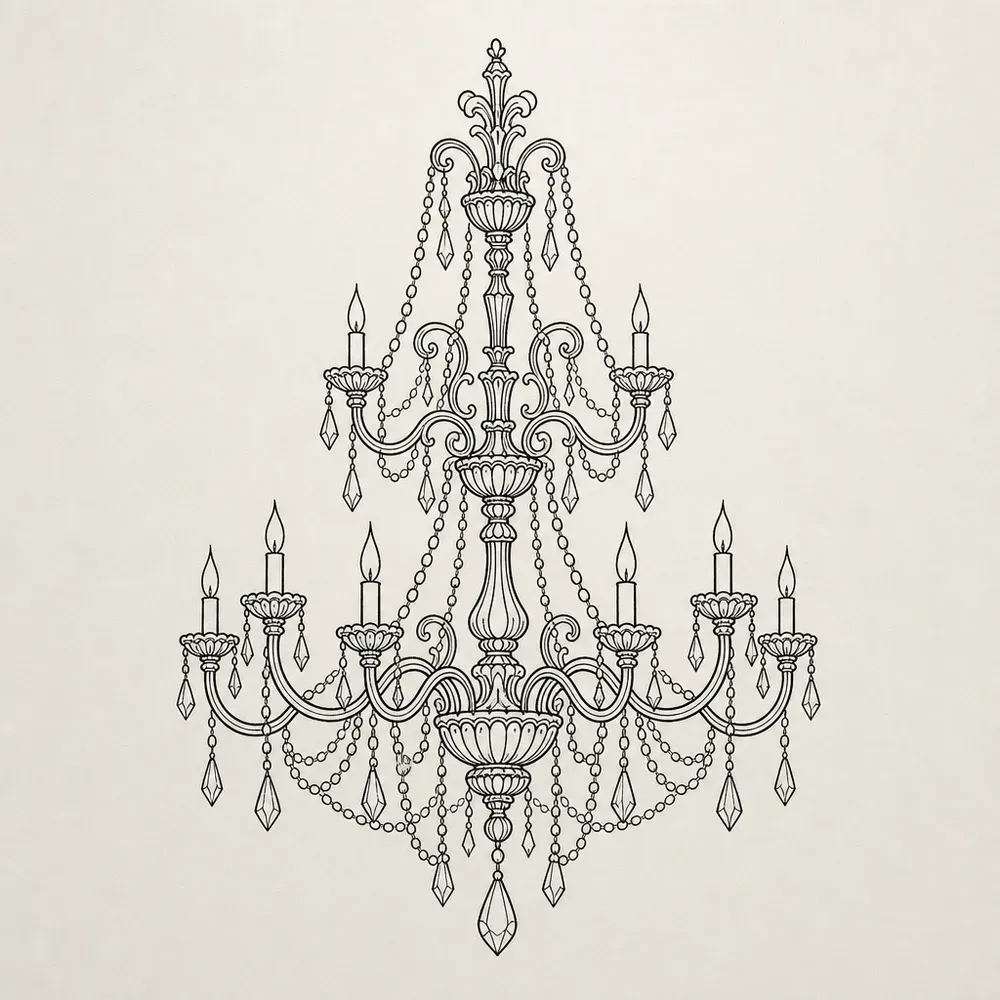 A two-tier crystal chandelier in fine black line, curled arms holding candles, looped bead strings and hanging teardrop crystals.