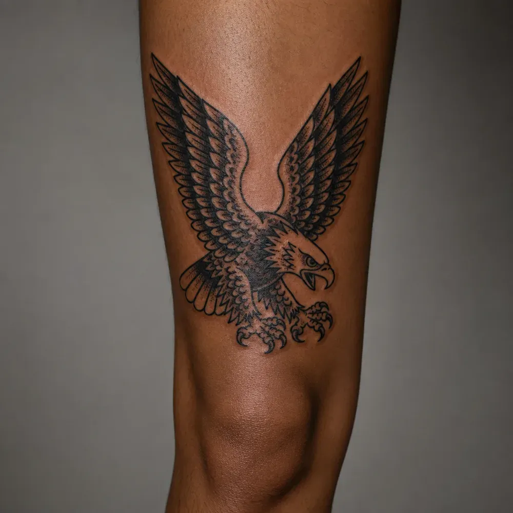 A traditional black eagle with wings raised and talons forward, tattooed on the front of the thigh above the knee on warm brown skin.
