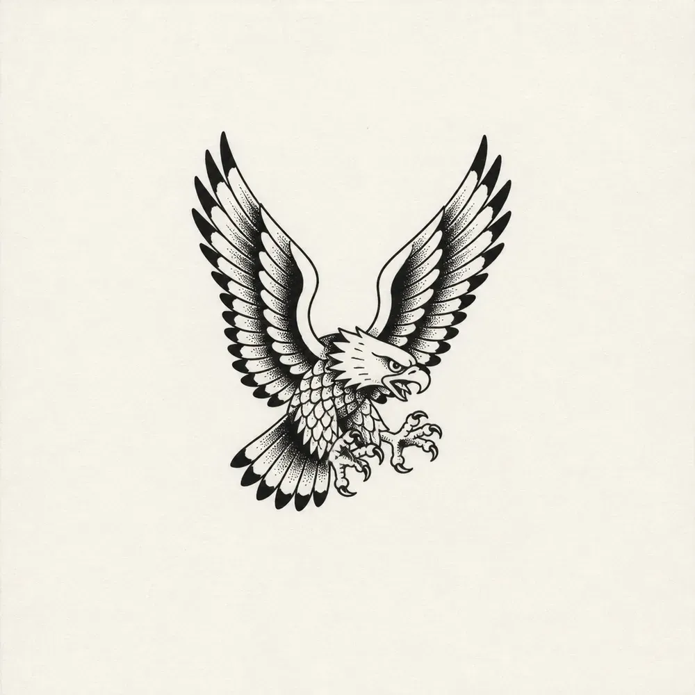 A traditional eagle swooping down with wings raised, bold black outline, stippled feather tips and talons reaching forward.