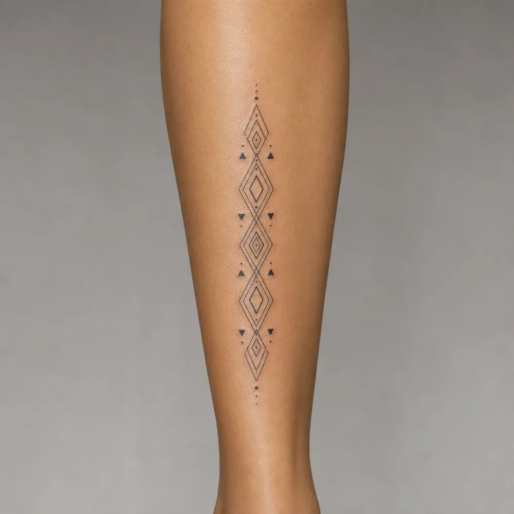 A vertical line of stacked fine-line diamonds with dots and small triangles, tattooed down the lower leg on light tan skin.