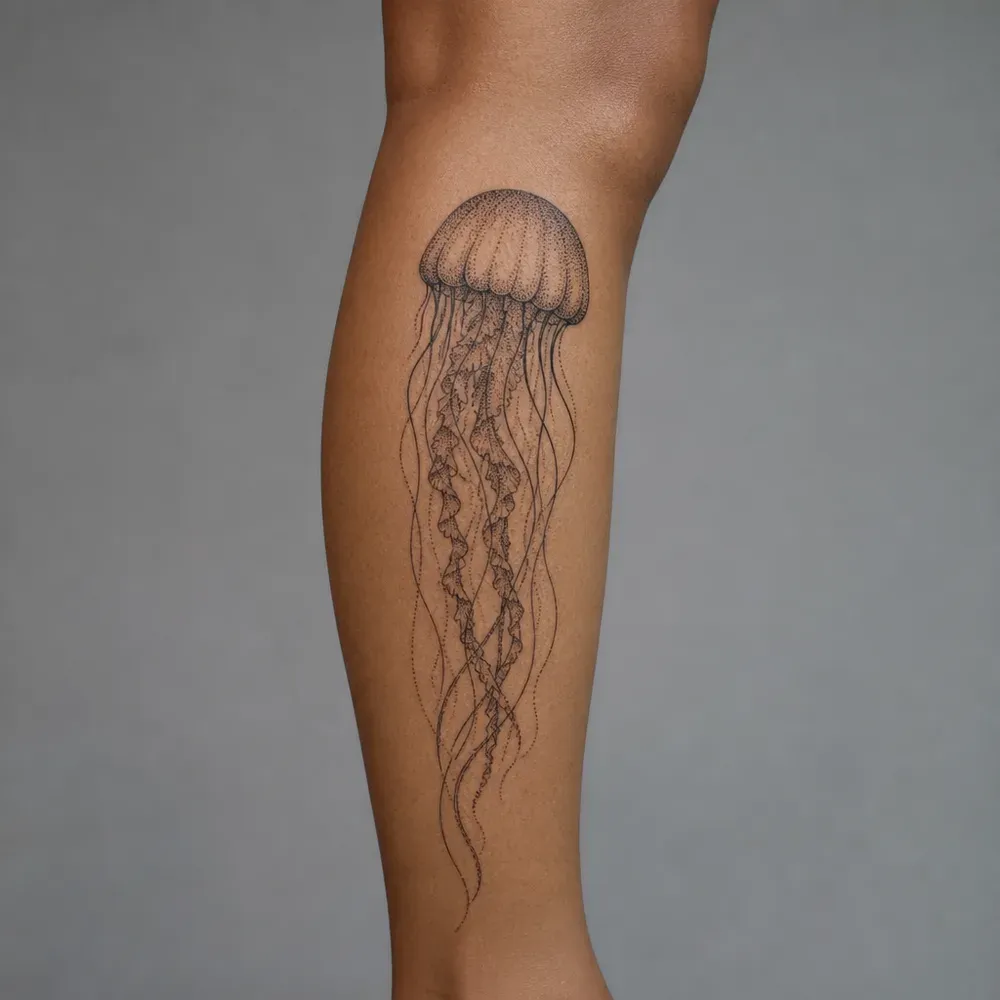 A dotwork jellyfish with a stippled bell and long trailing tentacles, tattooed down the outer calf on medium olive tan skin.