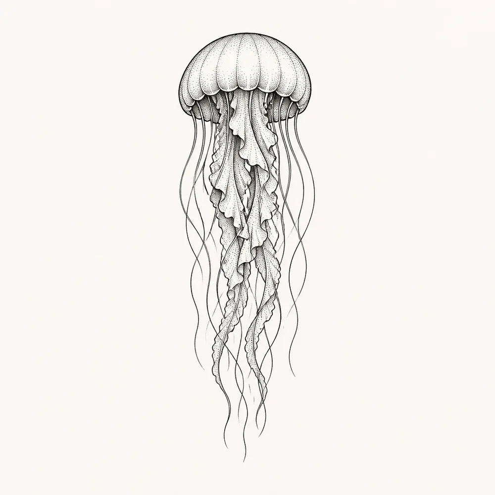 A jellyfish with a stippled domed bell, ruffled central arms and long wavy tentacles trailing straight down, in black line and dots.