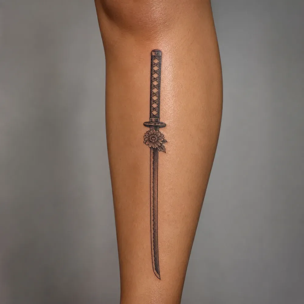 A long black katana pointing down with a wrapped handle and a small flower at the guard, tattooed down the calf on medium olive tan skin.