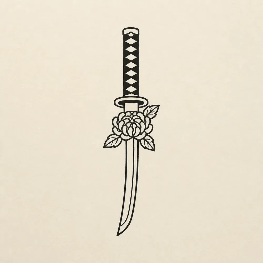 A short katana pointing down in black line, a diamond-wrapped handle and round guard with a chrysanthemum and leaves at the guard.