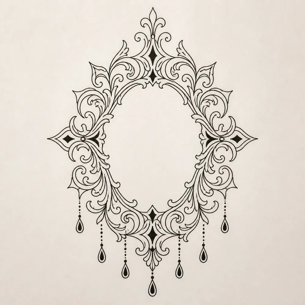 An open oval frame of baroque scrollwork in fine black line with small solid diamonds and a fringe of beaded teardrops hanging below.