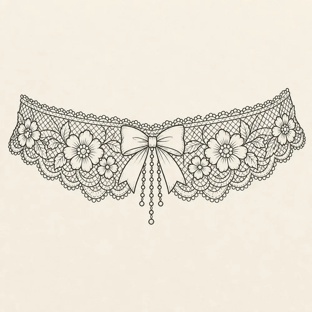 A curved lace garter band in fine black line, scalloped floral lace with a bow at the centre and short bead strands hanging below.