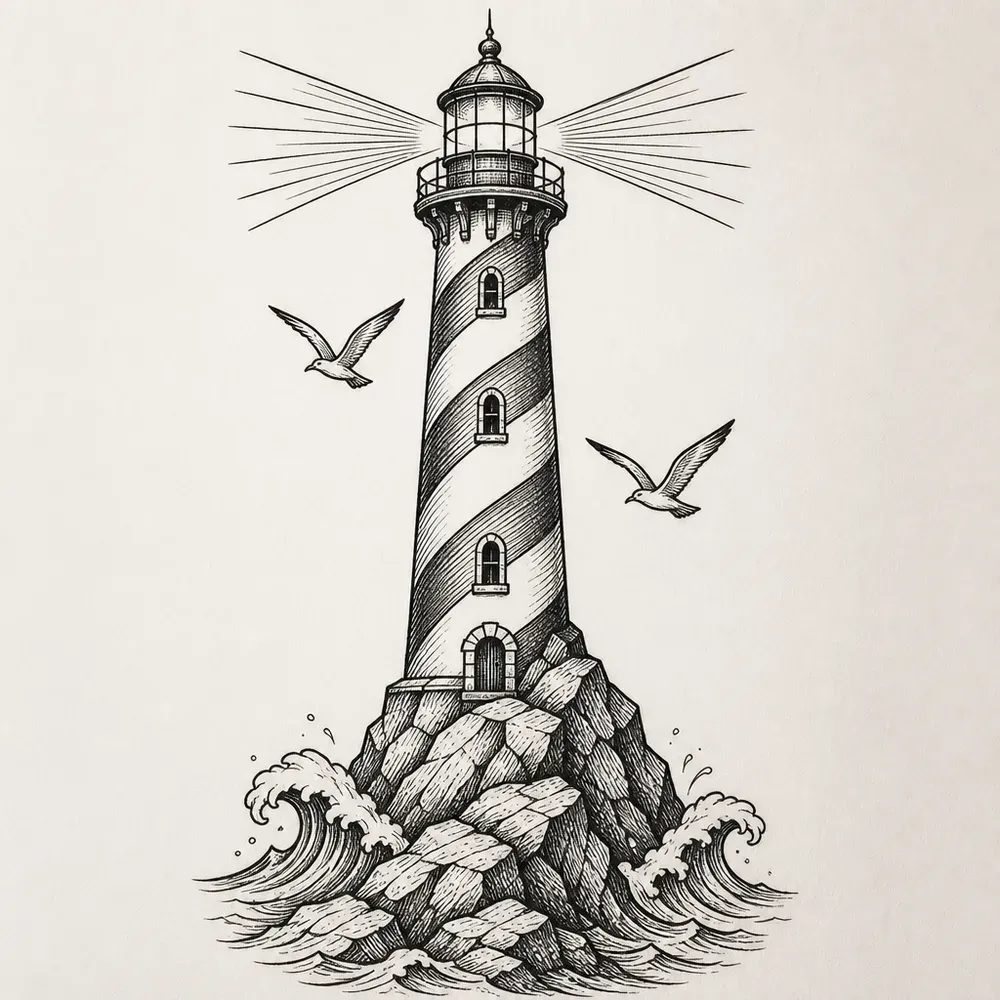 A spiral-striped lighthouse on a rocky outcrop with breaking waves, light beams from the lamp and two gulls, in black line and hatching.