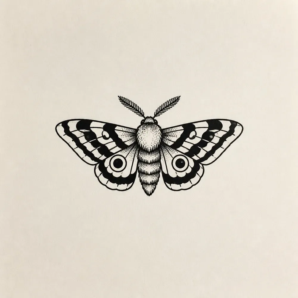 A moth with wings spread, banded black wing markings and an eye spot on each lower wing, a furry stippled body and feathered antennae.