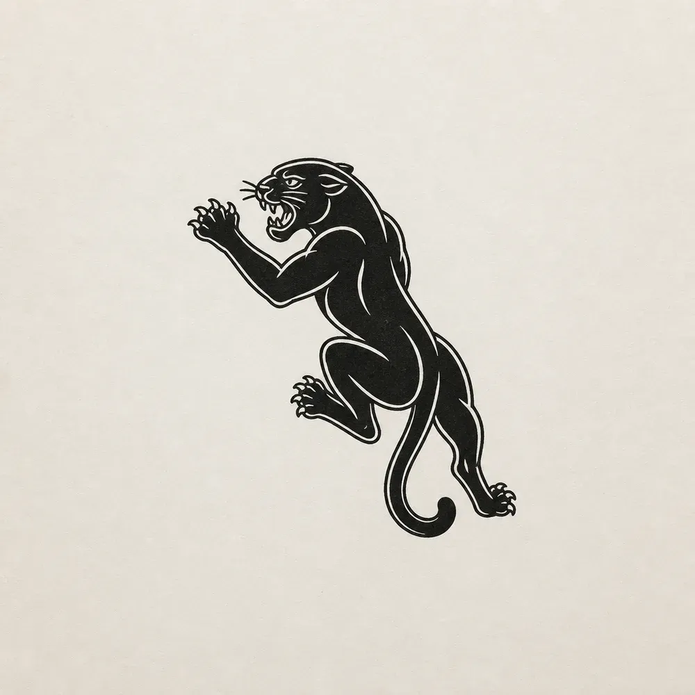 A traditional black panther climbing upward in solid black, front claws reaching out, mouth open in a snarl and tail curling below.