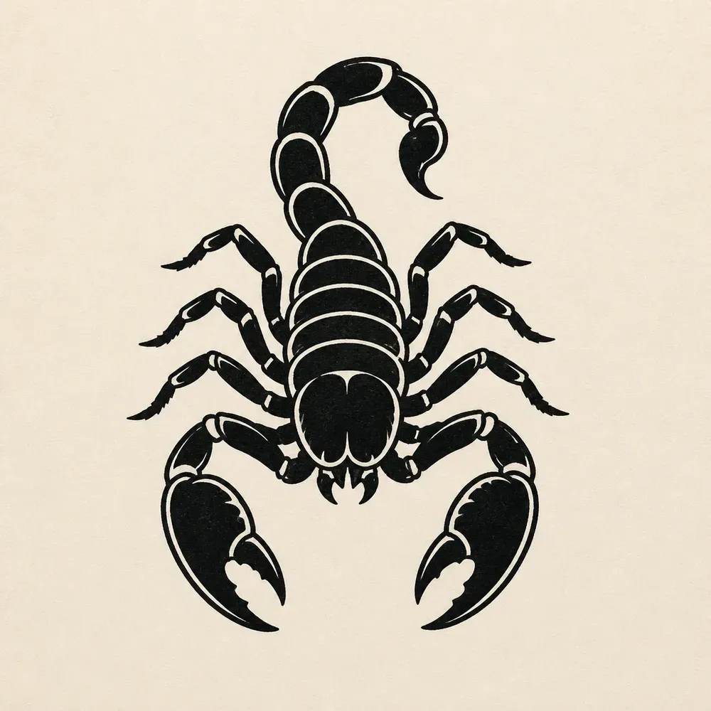 A scorpion seen from above in solid black with white highlight lines, large claws forward and its segmented tail curled over its back.