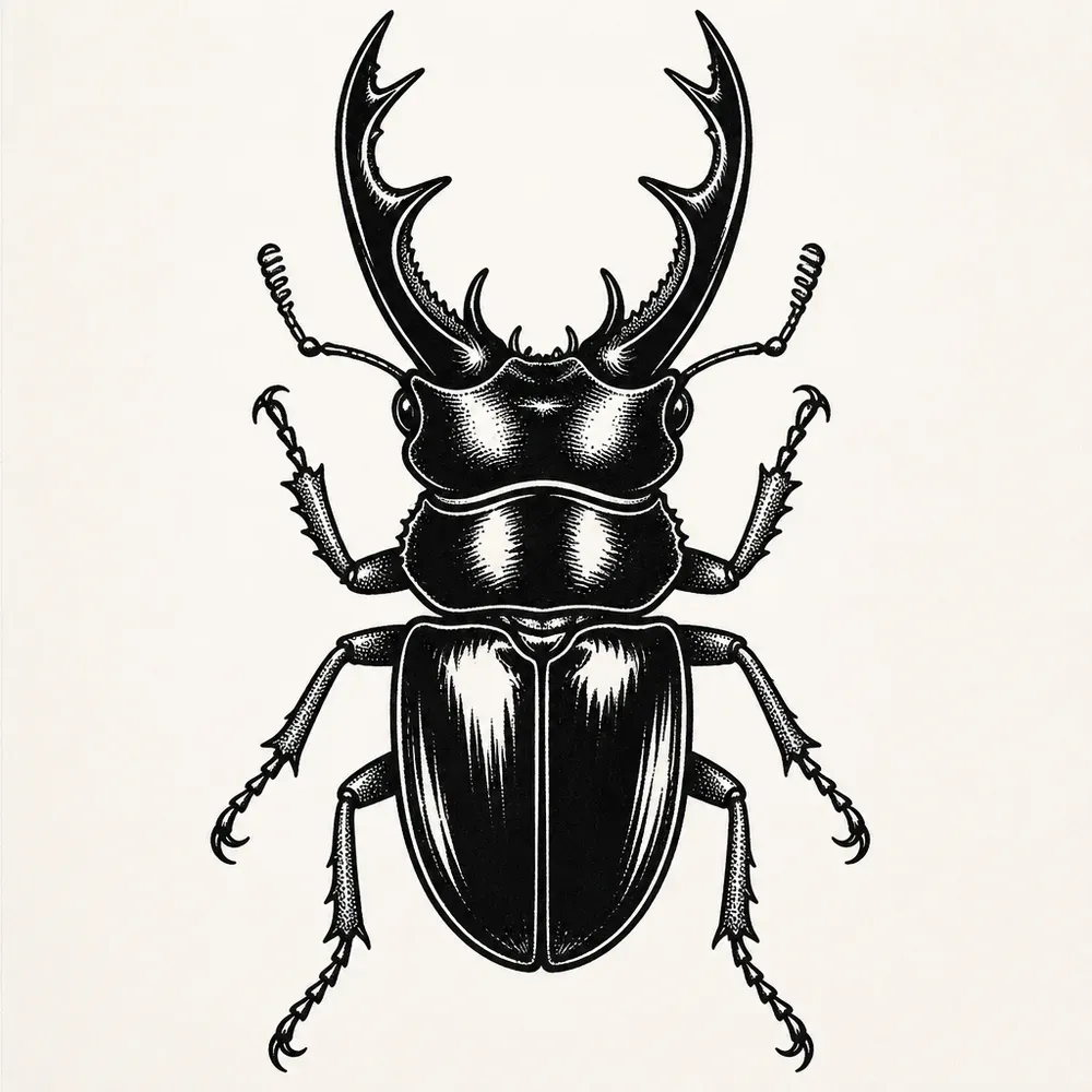 A stag beetle seen from above in glossy solid black, large antler-like jaws raised and six jointed legs spread out.