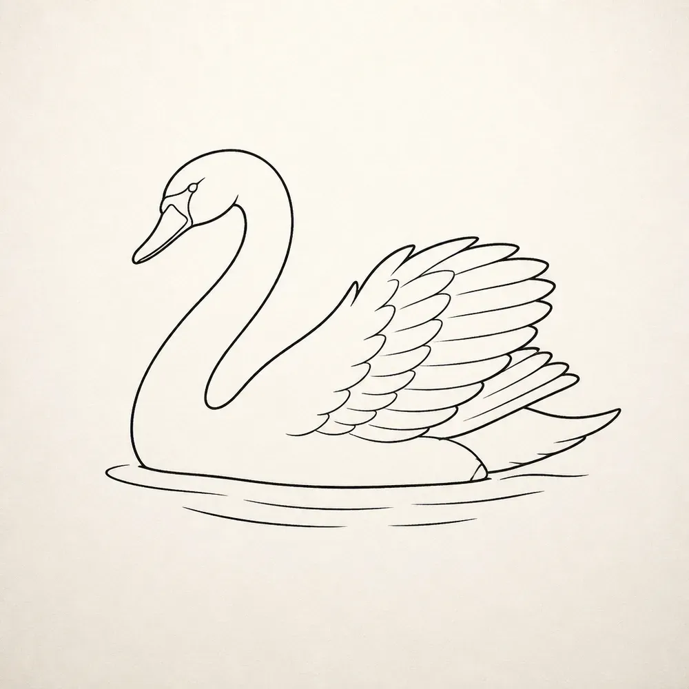 A swan gliding on water in side view, neck in an S curve and wing feathers half raised, in black outline over a few ripple lines.