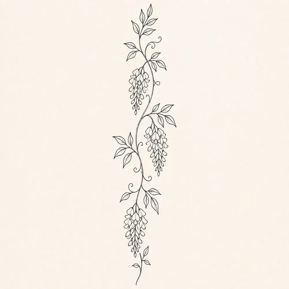 A narrow vertical wisteria vine in fine black line, a winding stem with pointed leaves and three hanging clusters of small blossoms.