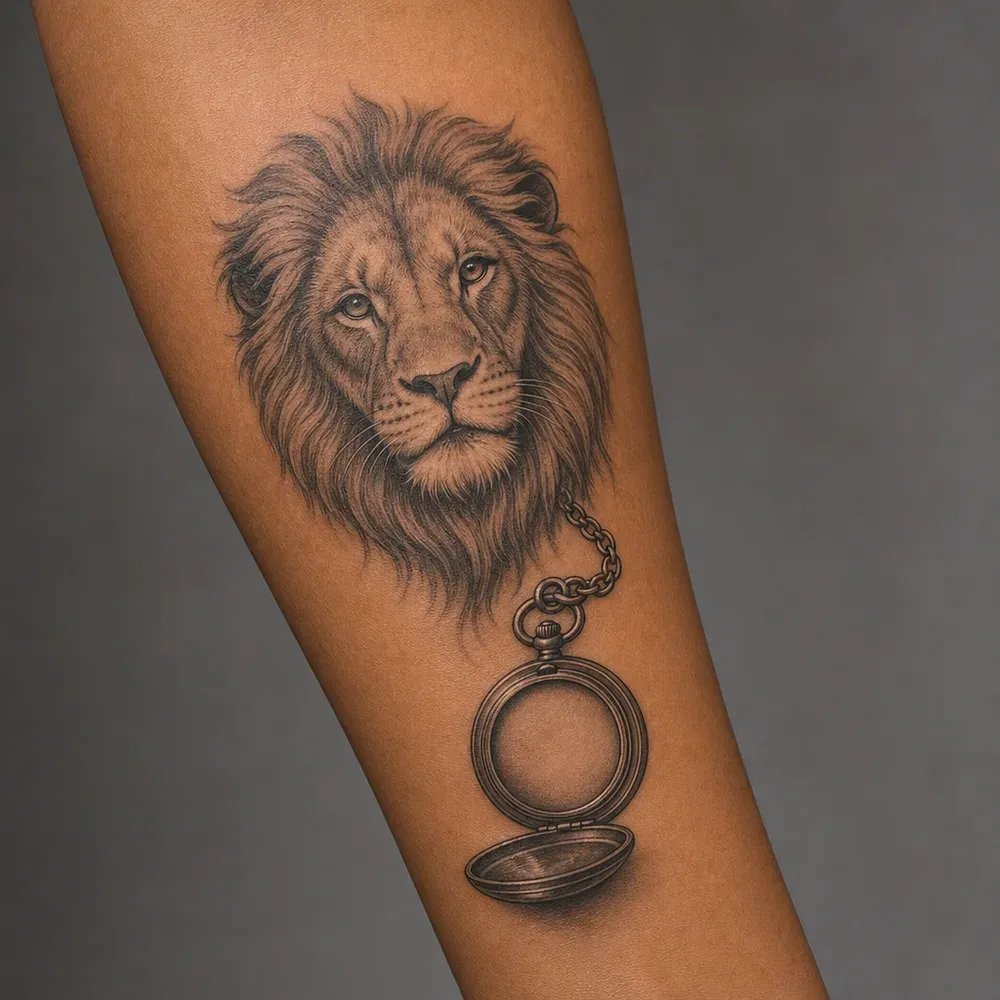 A black and grey lion's head above an open pocket watch on a chain, tattooed along the forearm of medium brown skin.