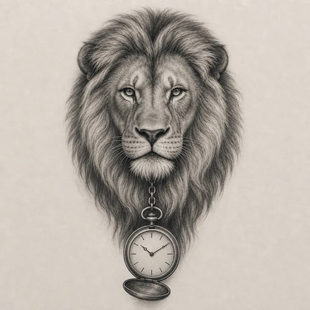 A black and grey lion's head facing forward, with an open pocket watch on a short chain hanging below its chin.