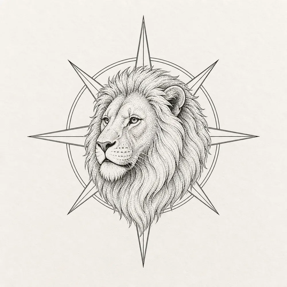 A stippled lion's head in three-quarter view set on an eight-point compass star with a thin double ring behind the mane.