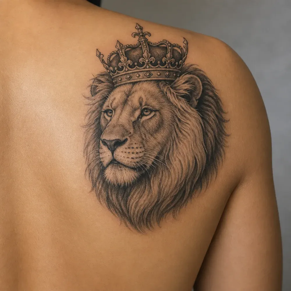A black and grey lion's head wearing an ornate crown, tattooed over the shoulder blade of light warm tan skin.