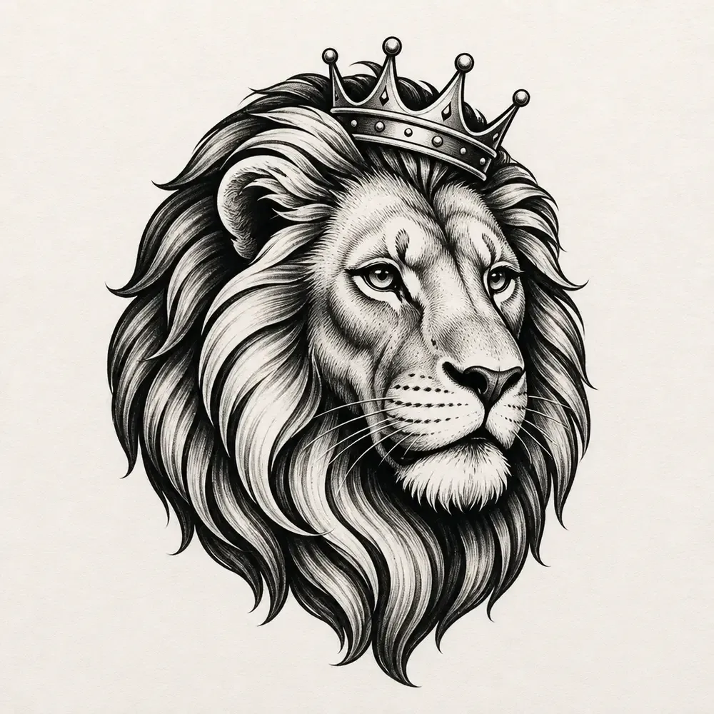 A lion's head in three-quarter view wearing a small spiked crown, its thick mane shaded with dense black hatching.
