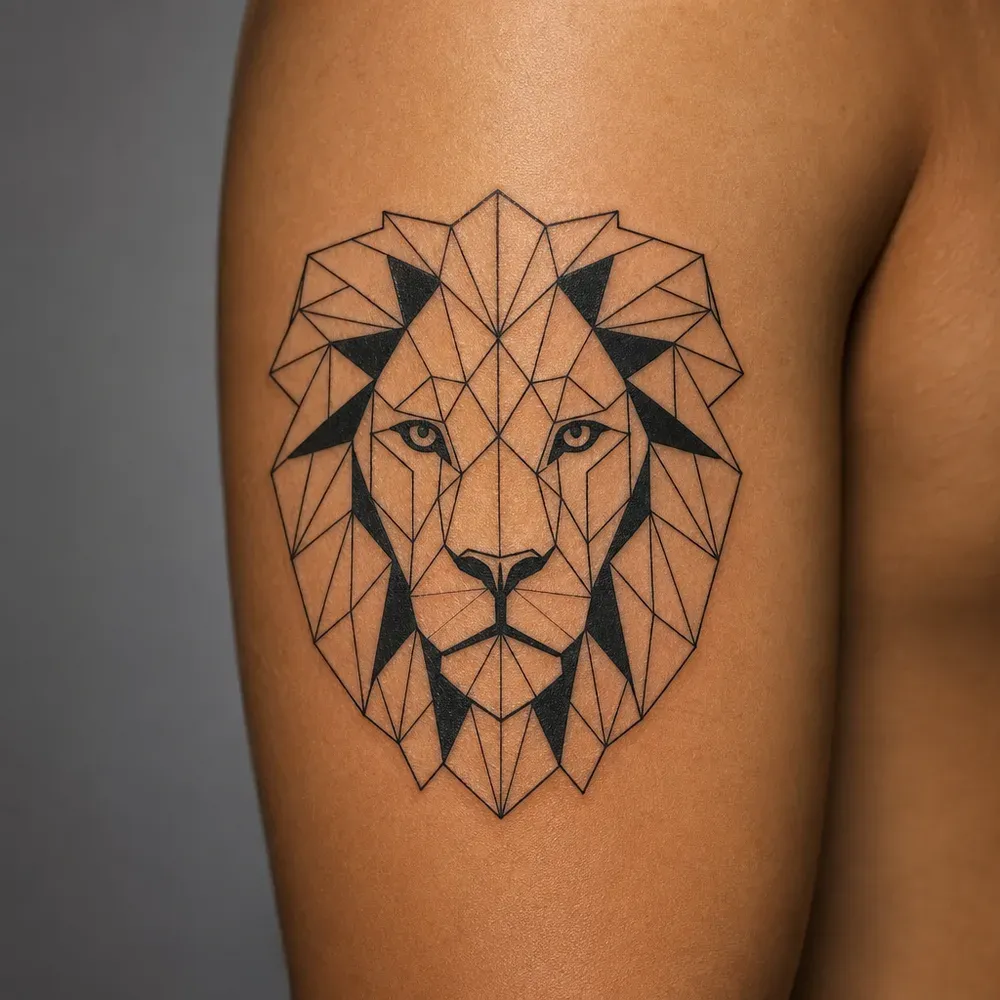 A faceted geometric lion's head with solid black accents, tattooed on the outer upper arm of medium tan skin.