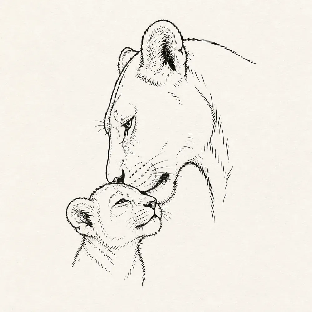 A lioness in profile lowering her head to touch noses with a small cub looking up at her, in loose fine black line.