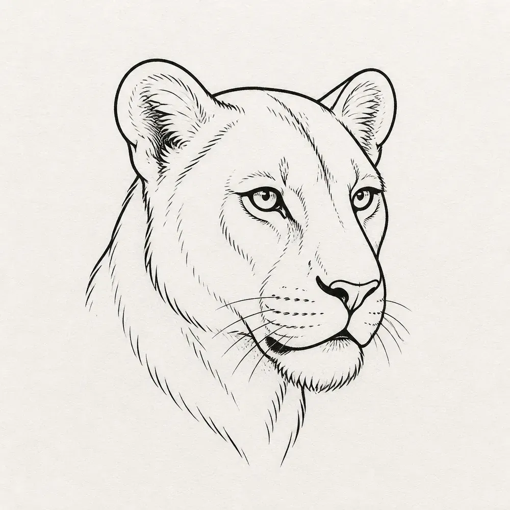 A lioness's head in three-quarter view with rounded ears and no mane, in black outline with light fur strokes on the brow and neck.