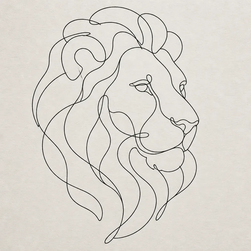 A lion's head in three-quarter view drawn as one looping black line that forms the mane, ear, eye and muzzle.