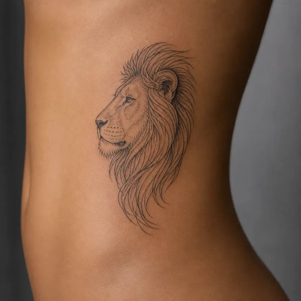 A fine-line lion's head in side profile with a long flowing mane, tattooed down the side of the ribs on medium tan skin.
