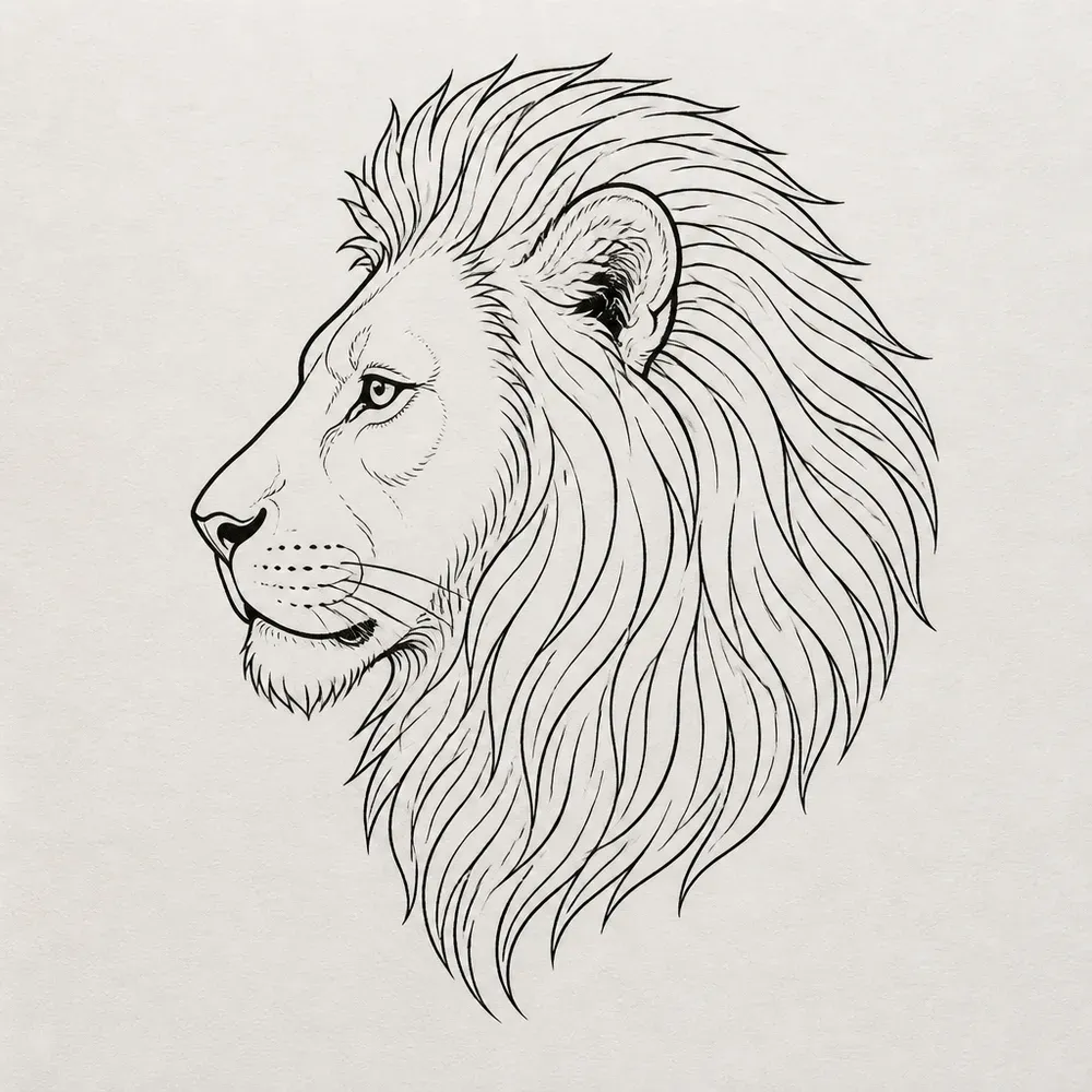 A male lion's head in side profile facing left, drawn in fine black line with a long mane of flowing strands sweeping back.