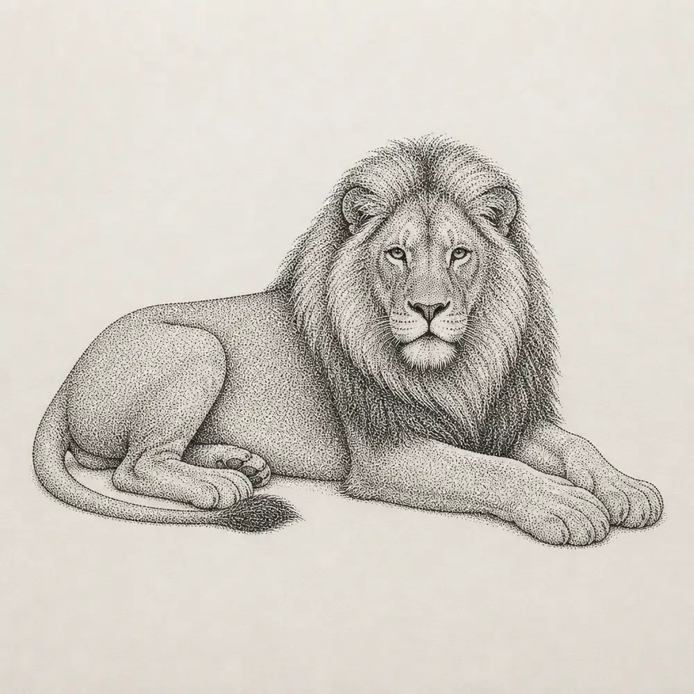 A full male lion lying down with its head raised to face forward, front paws stretched out, shaded entirely in black stipple.