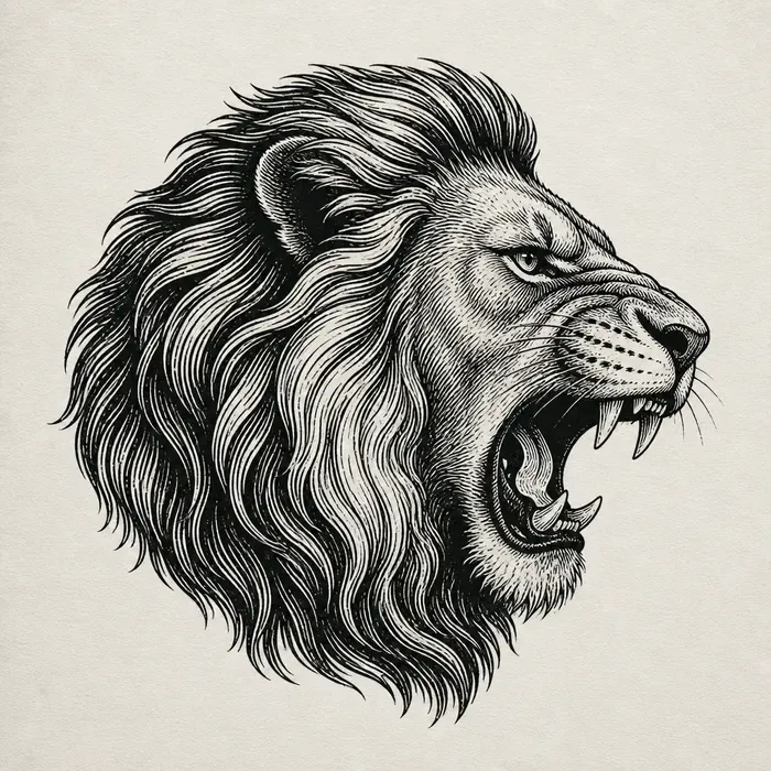 A male lion roaring in side profile facing right, fangs bared, drawn like a woodcut with dense black carved lines in the mane.