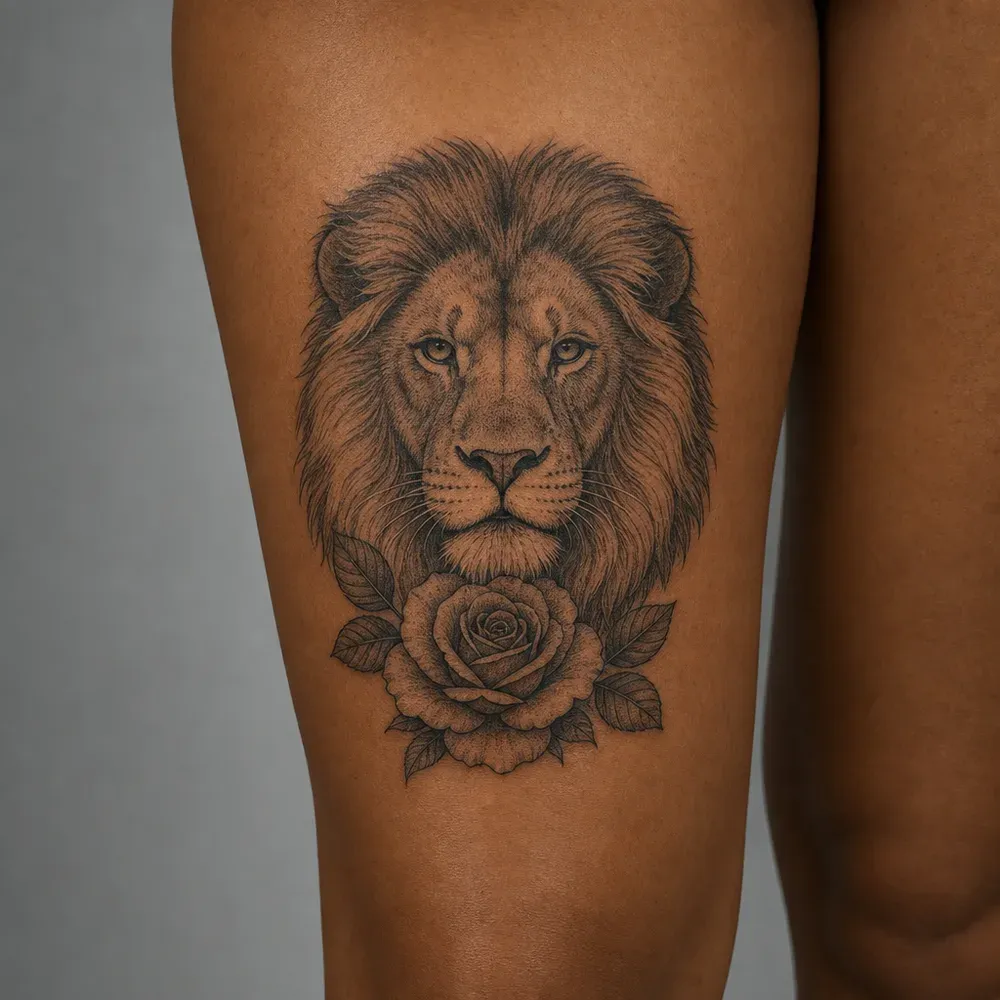 A finely shaded lion's head facing forward above an open rose and leaves, tattooed on the thigh of warm brown skin.
