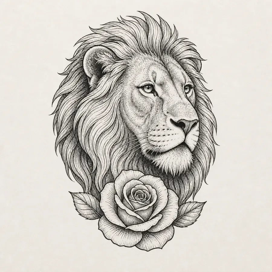 A lion's head turned slightly right with an open rose and two leaves beneath its chin, shaded in fine black hatching.