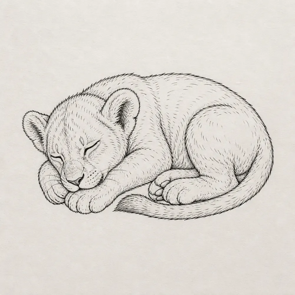 A lion cub curled up asleep with its chin on its front paws and eyes closed, drawn in fine black line with short fur strokes.