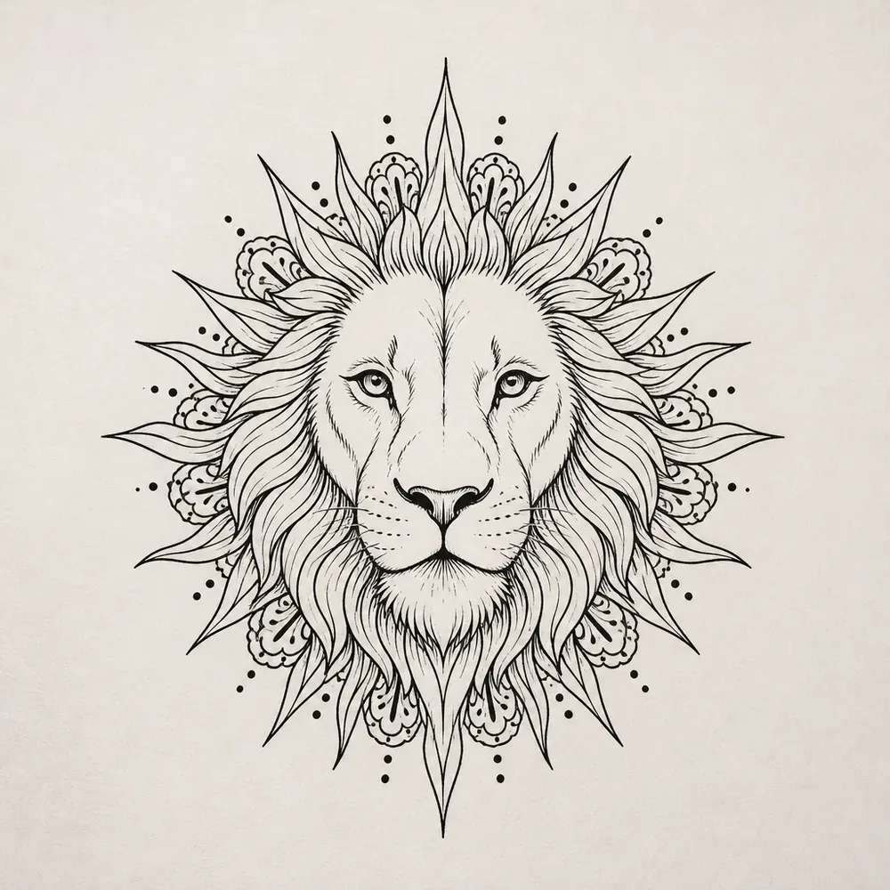 A symmetrical lion's face seen head on, its mane ringed by pointed sun rays, small lace petals and dots, in fine black line.
