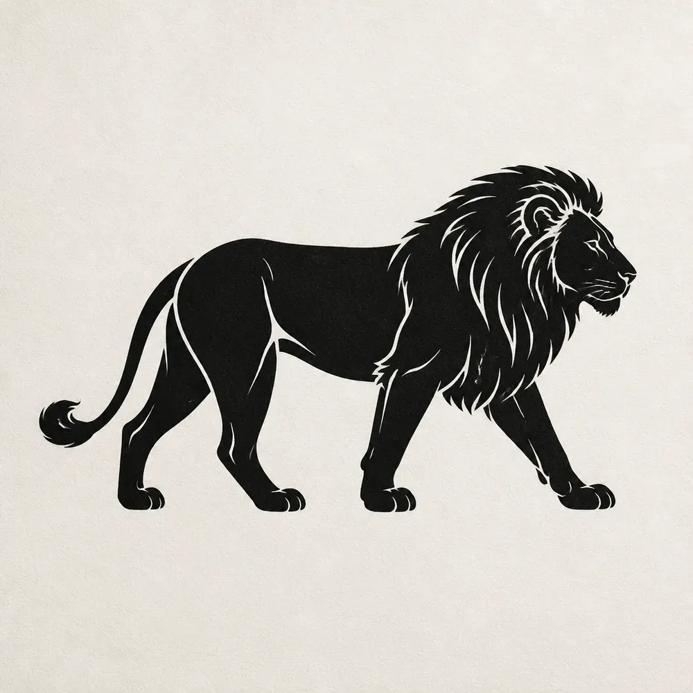 A full male lion walking to the right as a solid black silhouette, thin bare lines marking the mane, shoulder and legs.