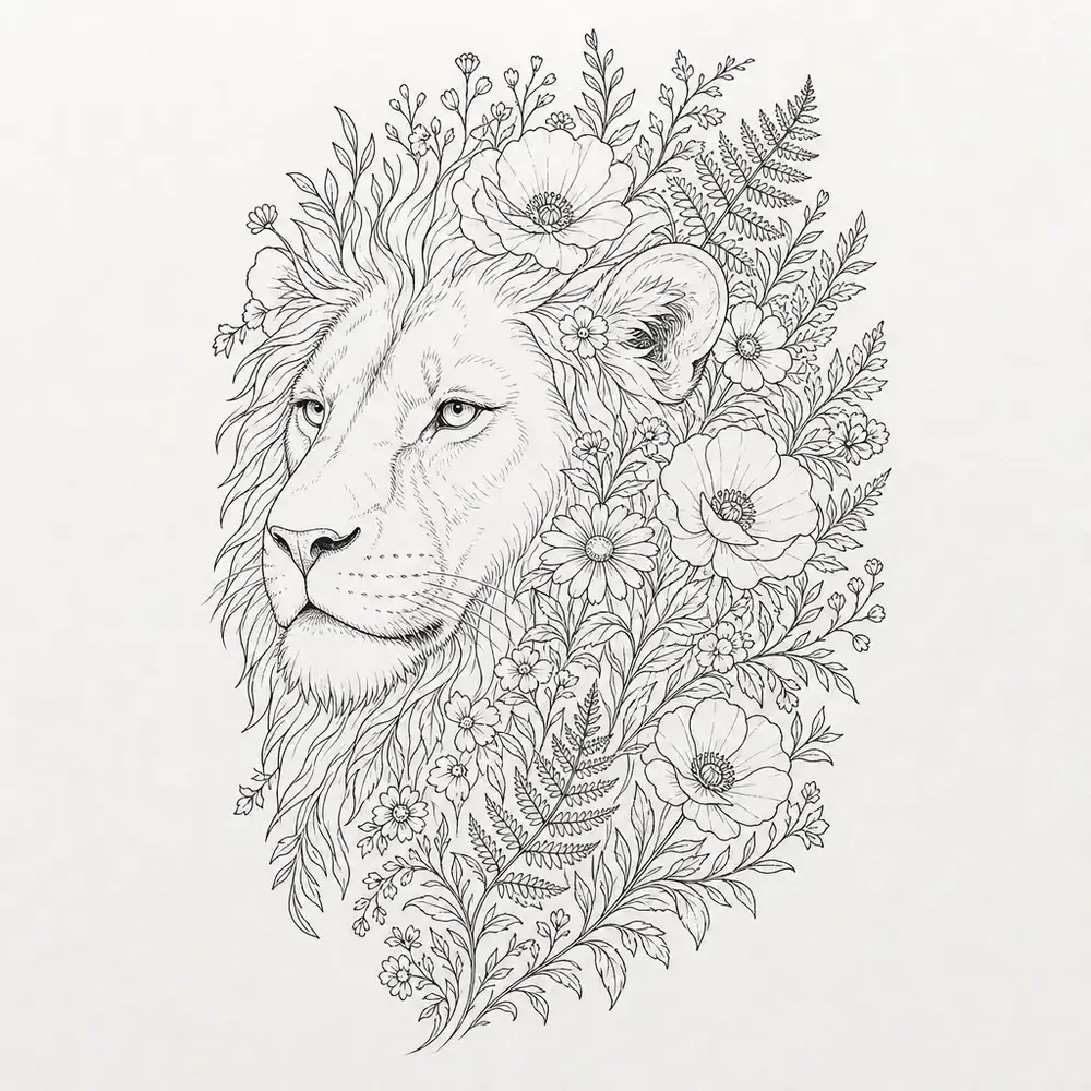 A lion's head in three-quarter view whose outer mane turns into poppies, daisies, ferns and leafy stems, in fine black line.