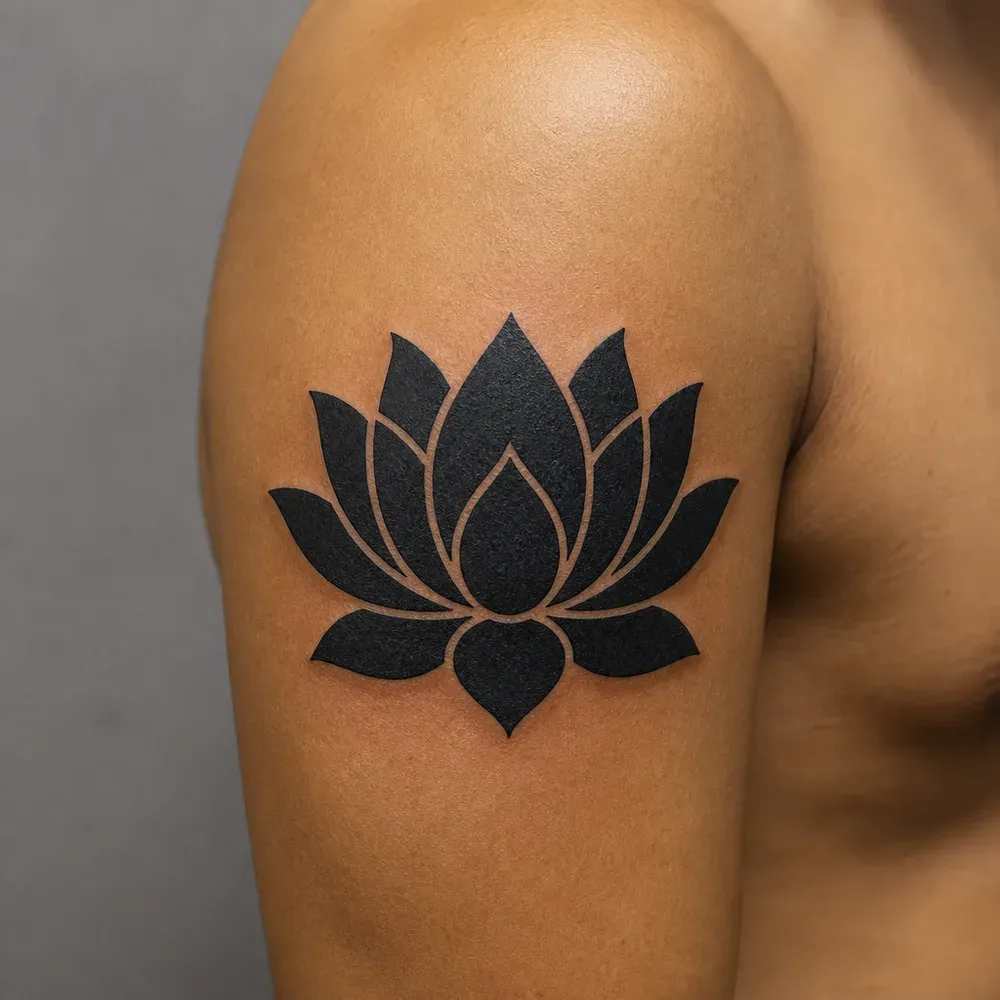 A bold blackwork lotus of solid black petals split by thin lines of bare skin, tattooed on the outer upper arm of warm brown skin.