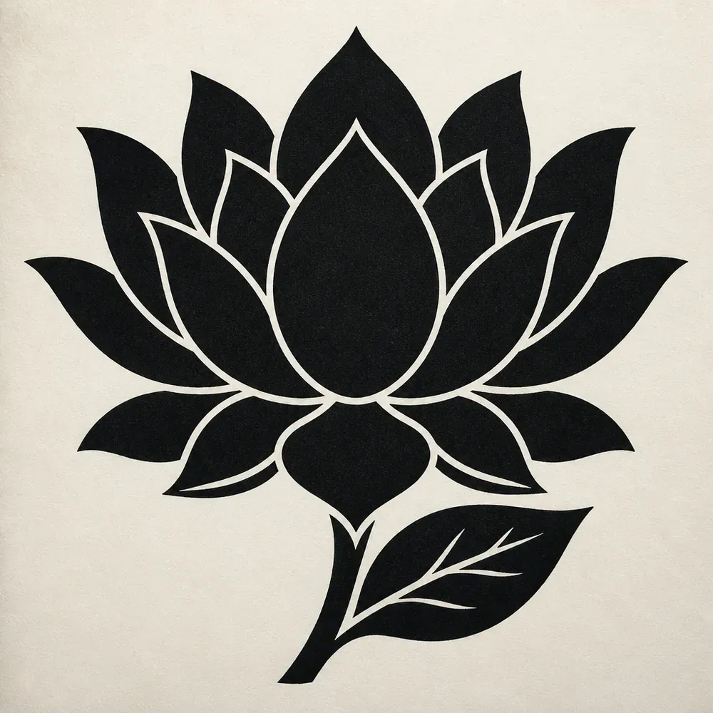 A bold blackwork lotus of solid black petals separated by thin lines of bare paper, above a short stem and one black leaf.