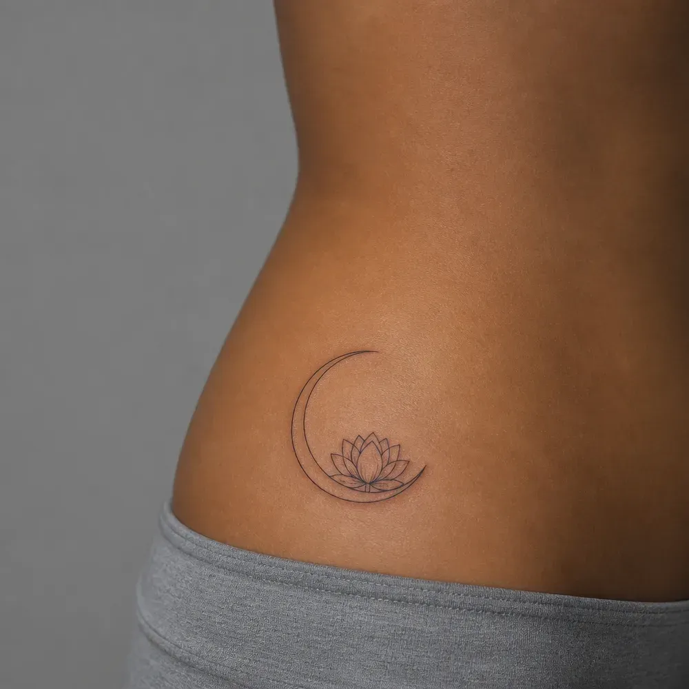 A thin crescent moon cradling a small lotus, tattooed in fine black line on the side of the hip of warm brown skin above grey fabric.